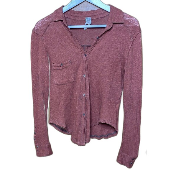 WE THE FREE Button-Down Shirt Linen Cotton Semi Sheer Stretch Womens XS Rust - Picture 2 of 9